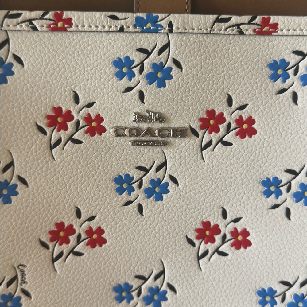 Coach White Leather Bag with Red and Blue Floral Design